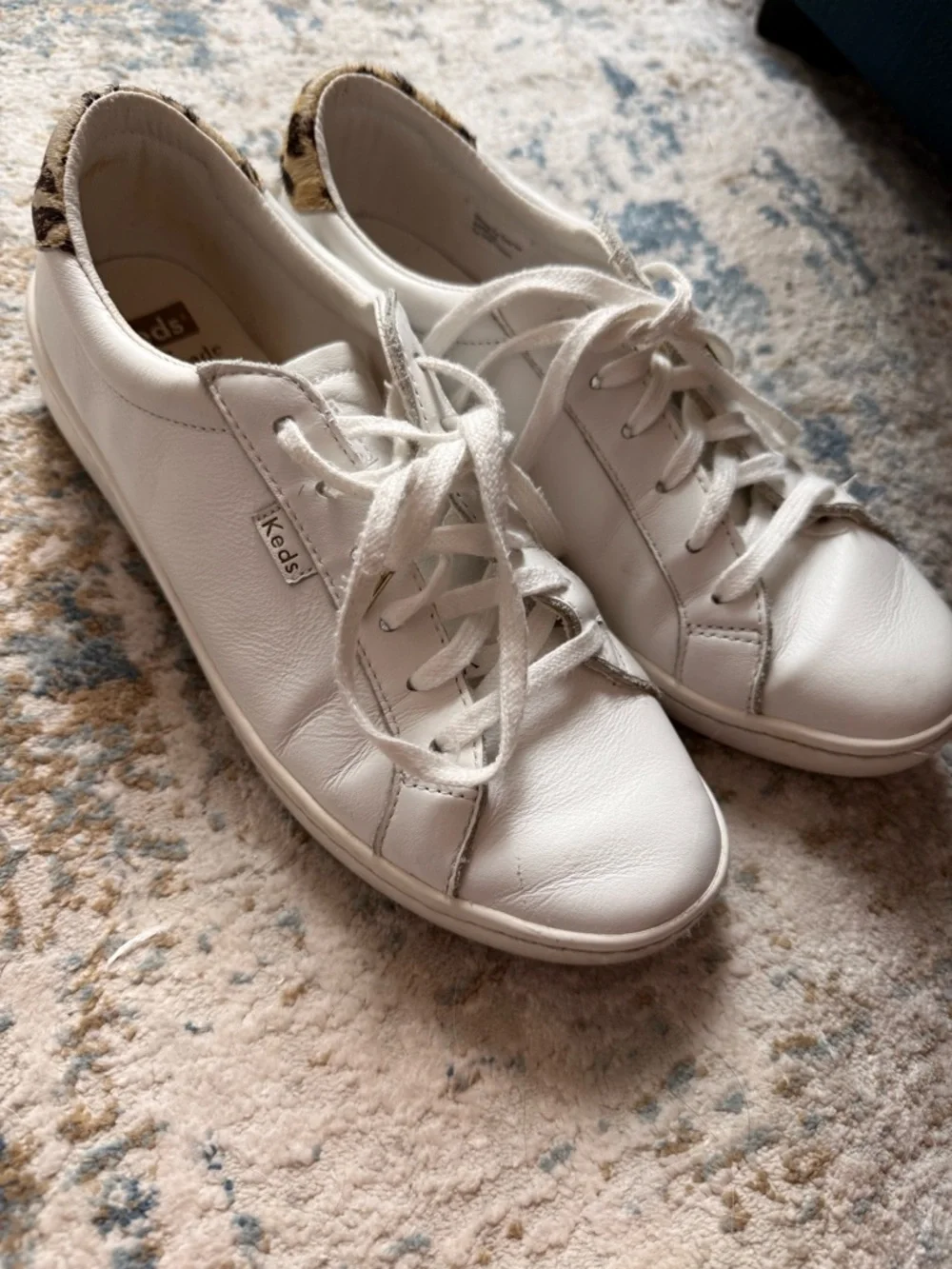 kate spade White Leather Lace-Up Sneakers with Leopard Heel Accent